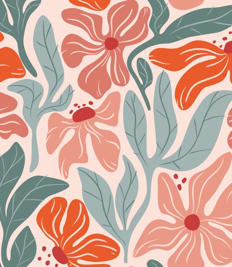 Motif seamless pattern représentant des fleurs ainsi que de la végétation dans un style colore retro