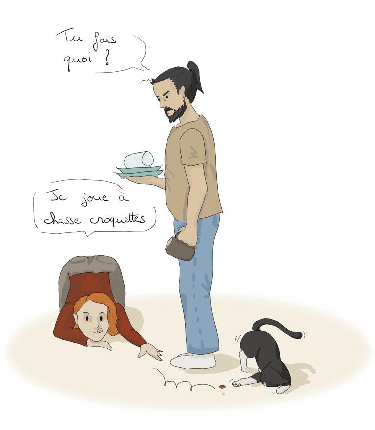 cartoon of a man talking to a woman playing with a cat
