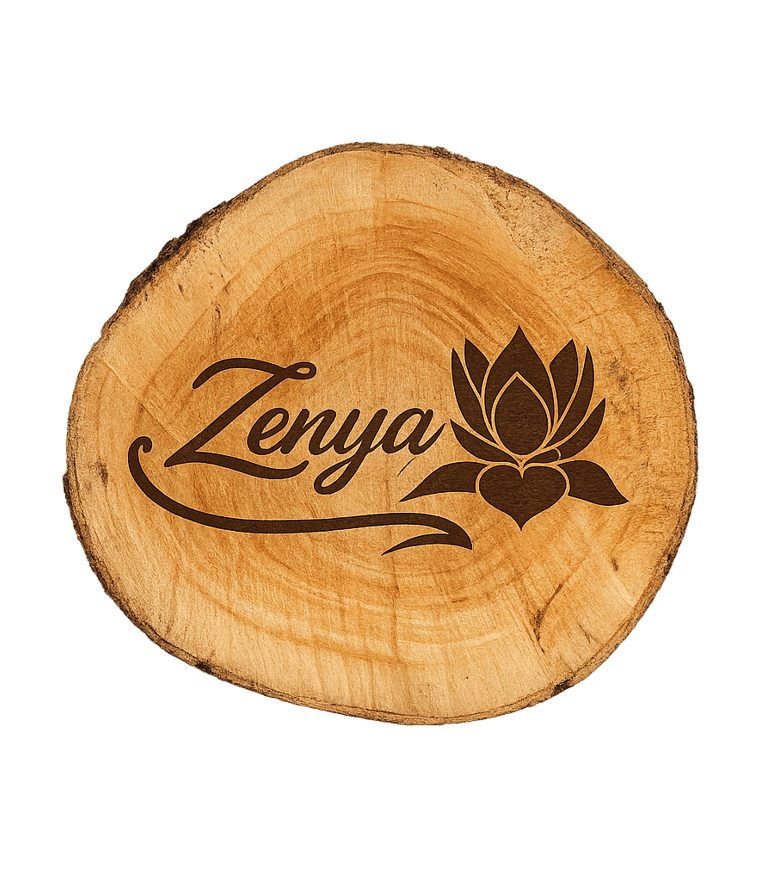 Logotipo de Zenya grabado sobre madera natural estilo rústico, acompañado de testimonio de clienta.