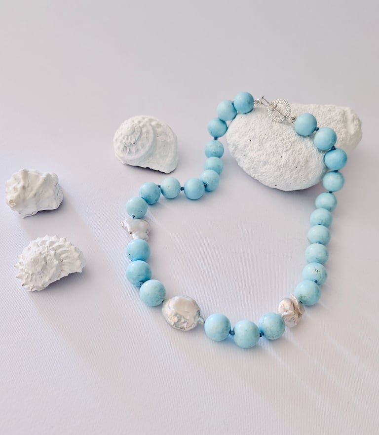 Collana particolare modello Riviera perle scaramazze e barocche aulite turchese chiusura argento 925