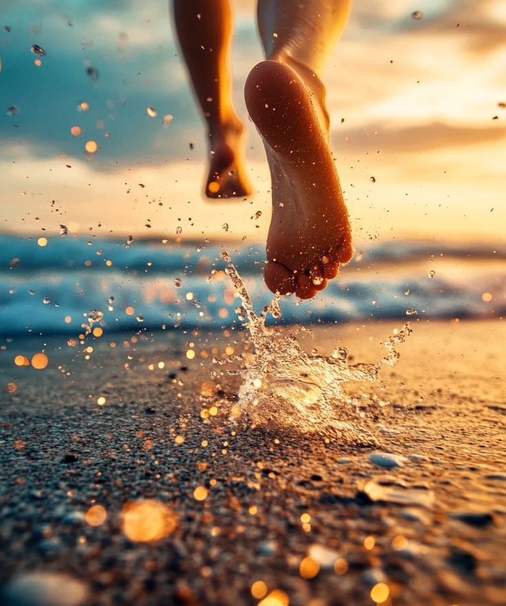 Personne courant sur une plage au bord de la mer, évoquant le mouvement et la liberté personnelle
