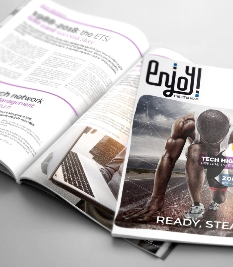 Magazine trimestriel Enjoy, pour la société ETSI à Sophia Antipolis. Conception et réalisation