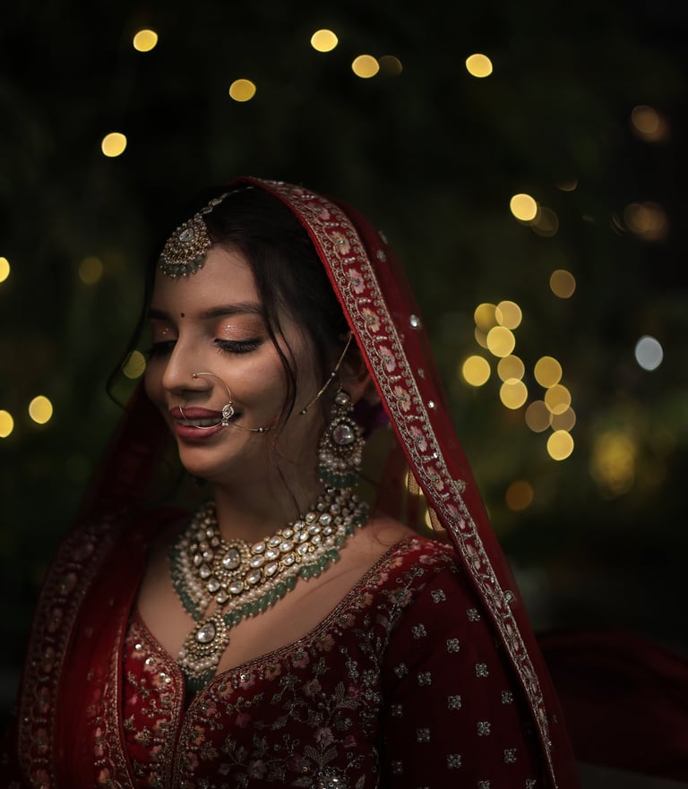 Bridal makeup Vadodara Gujarati bride in red lehenga, reception and wedding bridal portrait