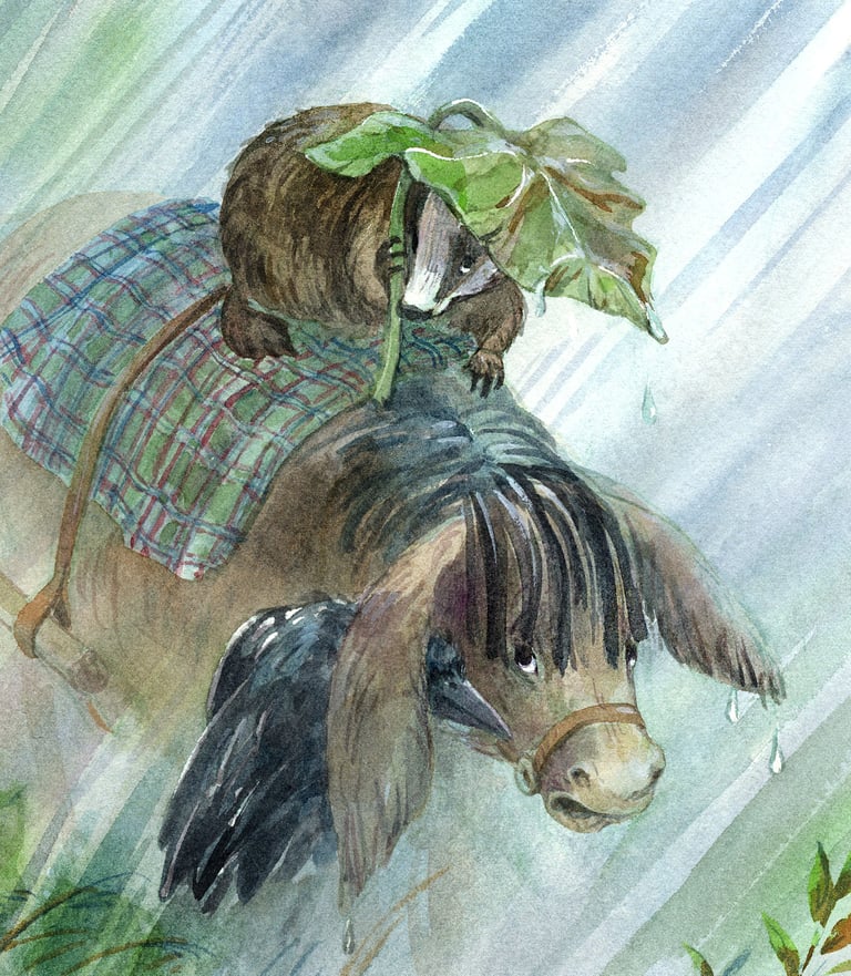 a badger is sitting on a donkey in the rain drawn with watercolor by olga tenyakova