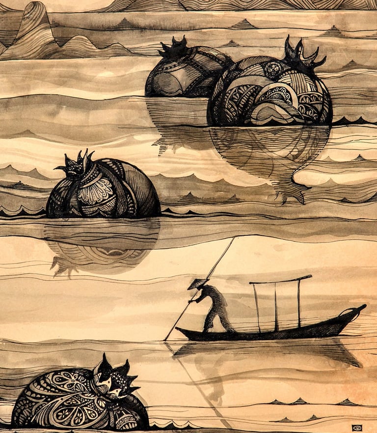 a drawing of a man in a boat in silent waters with pomegranate islands by olga tenyakova