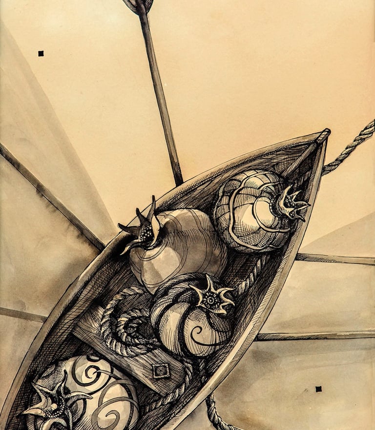 top view of a boat with pomegranates by olga tenyakova