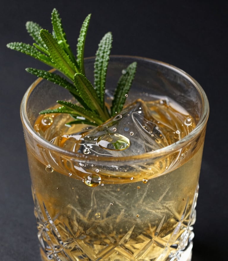 An exquisite close-up photograph of custom cocktail ingredients, fresh herbs, golden liquid droplets on crystal glass, dark charcoal black background, highly luxurious and artistic editorial presentation.