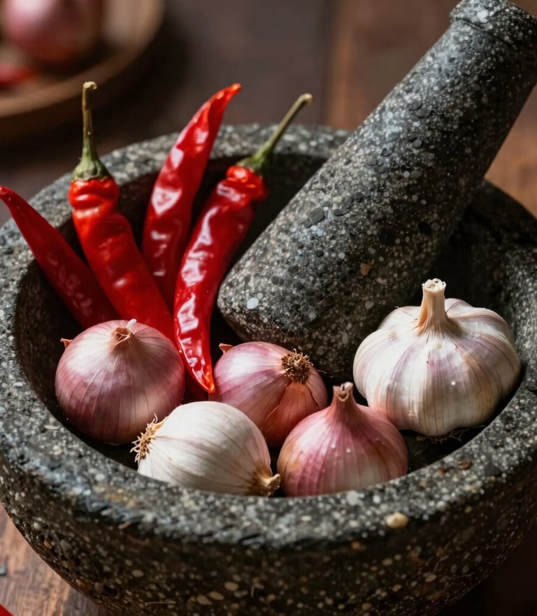 Beautiful close-up food photography of raw Javanese culinary spices arranged on a traditional stone mortar and pestle, with red chilies, shallots, and garlic, illuminated by dramatic warm rustic light.