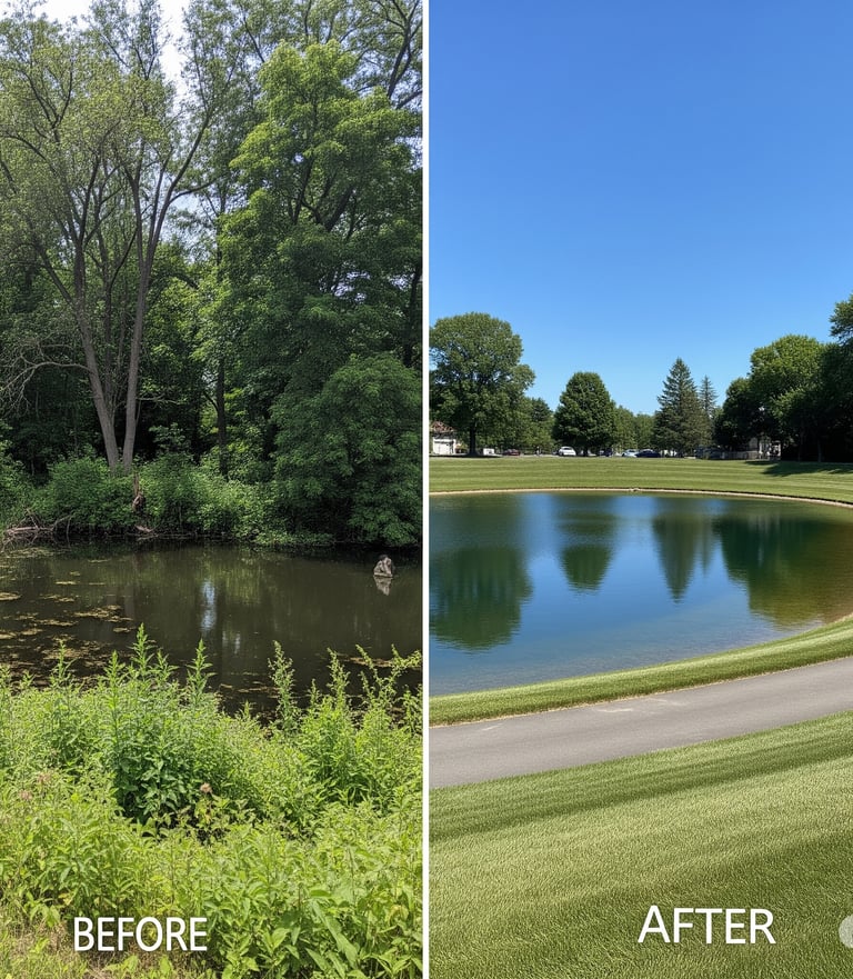 before and after image of a retention pond