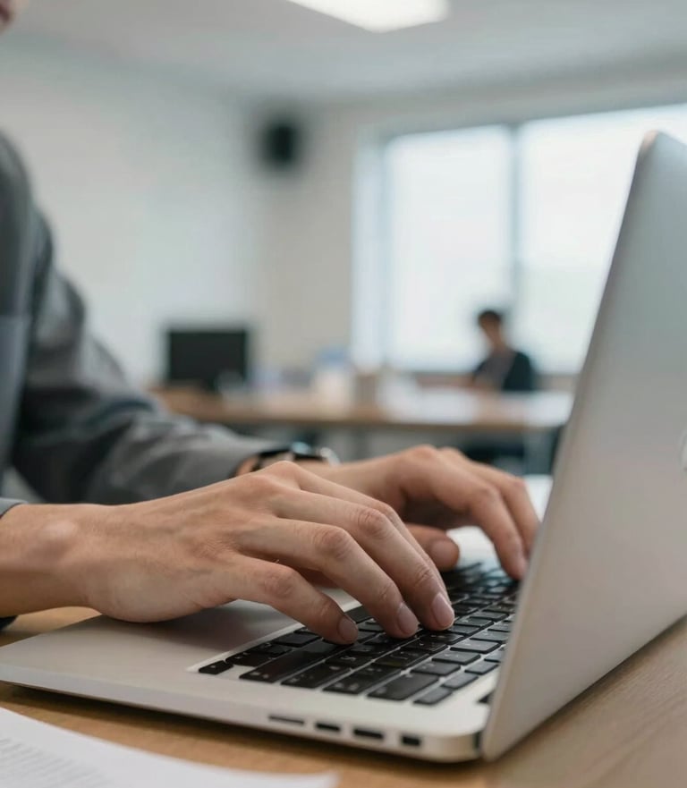 Close-up of a candidate's hands on a laptop keyboard in a bright corporate training room, study materials visible beside the workstation, clean overhead fluorescent and natural window light, sharp focus on the hands mid-task, no faces