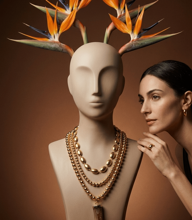 Elegant mannequin wearing a gold beaded necklace and bird of paradise flower headpiece.