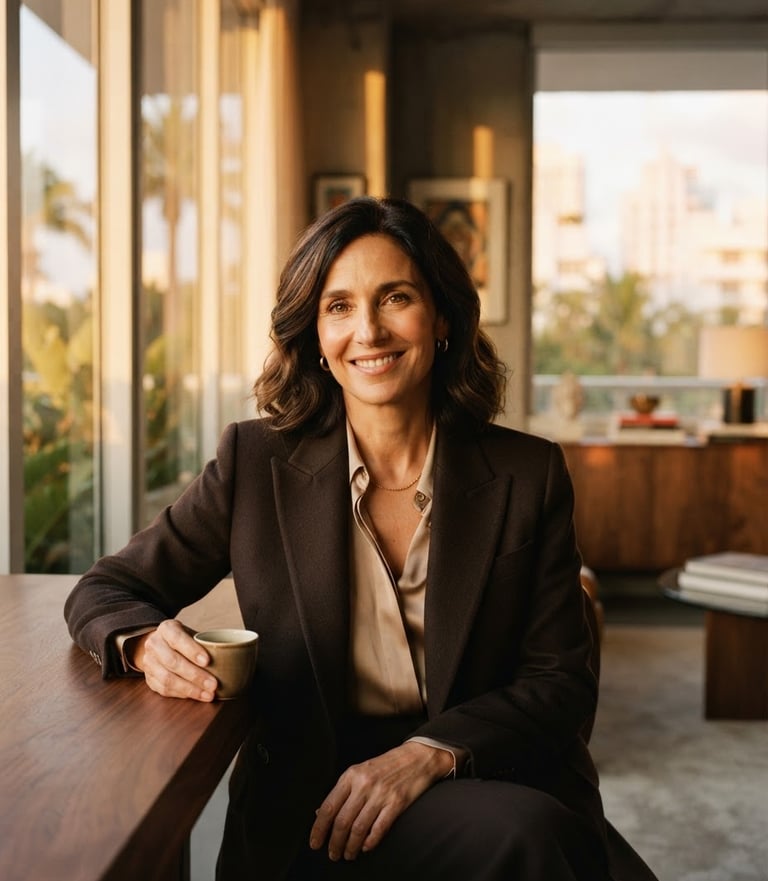 Professional portrait of Geraldine Paván, a sophisticated woman in her 50s, confident and poised, with a warm, engaging expression, wearing an elegant dark blazer, in a soft-lit architectural Miami studio, shallow depth of field, warm golden-hour window light, rich espresso and champagne tones, cinematic editorial photography.
