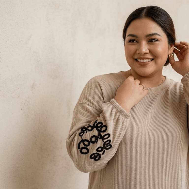 Smiling woman wearing a beige embroidered sweatshirt standing against a neutral wall.