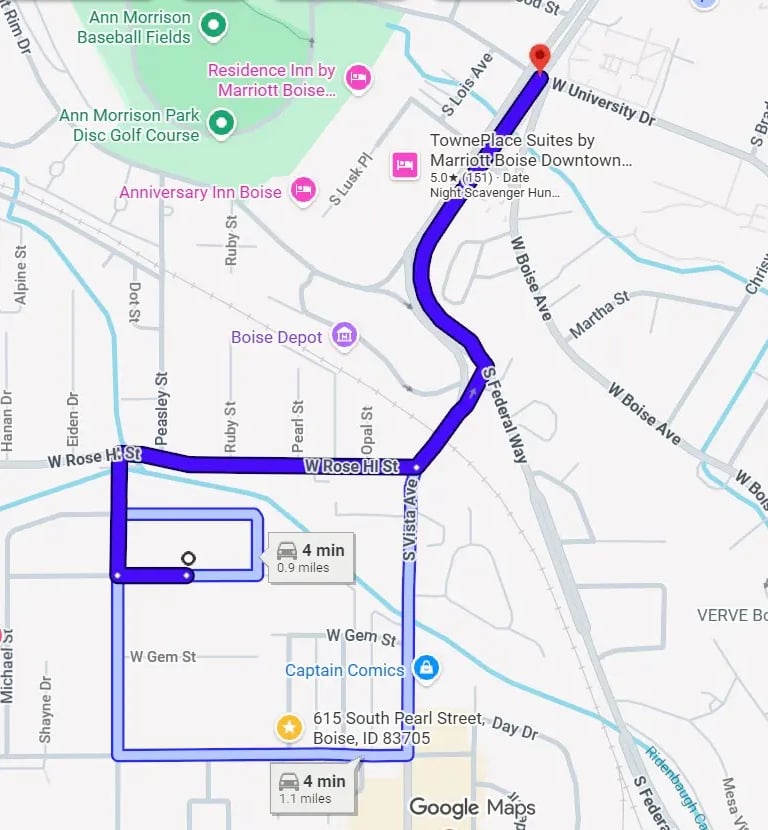 Map showing the location of the Agate student house and its quick 3-minute drive to the Boise State University campus.