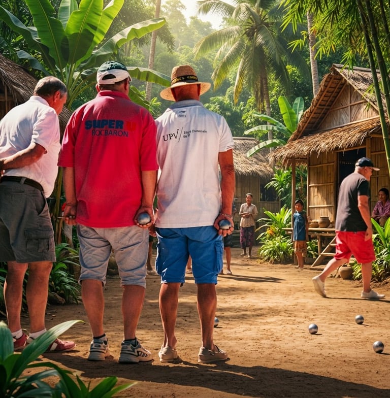3 hommes jouent à la pétanque dans un village vietnamien