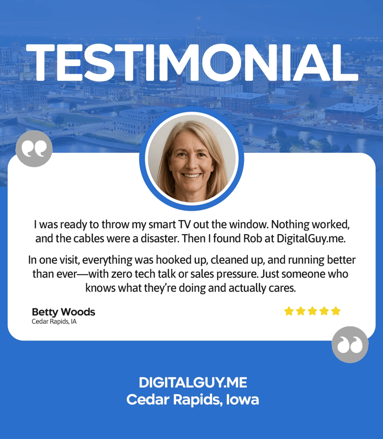 Testimonial graphic from Cedar Rapids client praising smart TV fix and no-pressure tech service.
