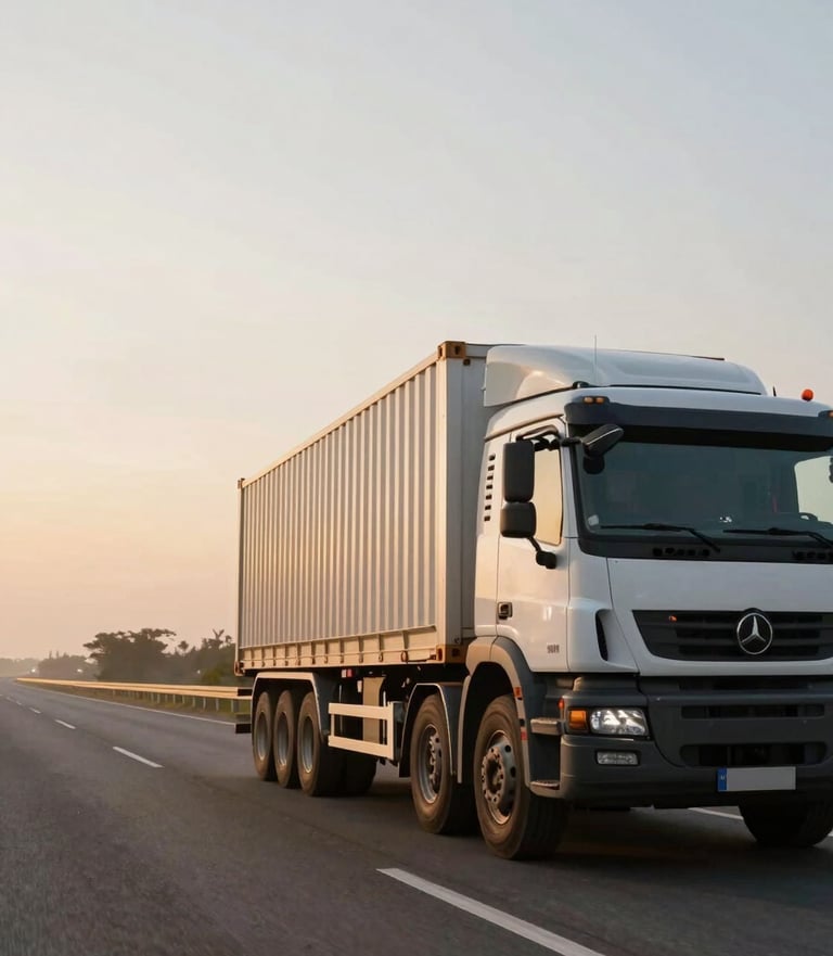Wide panoramic view from driver's side, a loaded MMAR truck moving along a Cavite highway at early morning light, road stretching ahead to the left, warm golden haze on the horizon, cargo container visible on the flatbed, no other vehicles, low-angle environmental shot