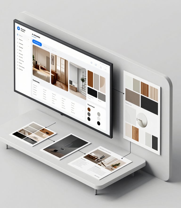 Close-up overhead flat-lay of three premium interior render printouts arranged on a warm taupe surface, architectural kitchen and bedroom scenes visible, soft even studio lighting, no text overlays, photorealistic