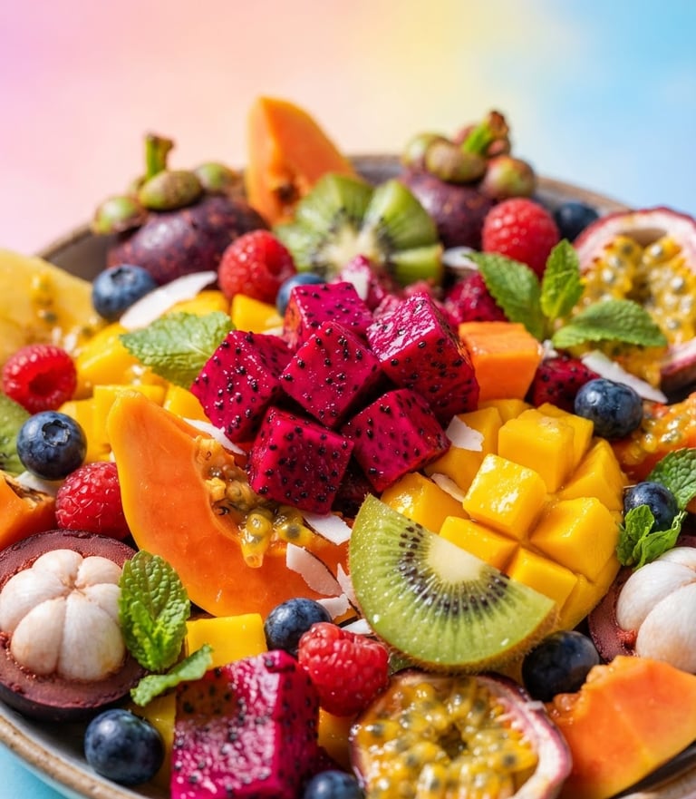 Close-up vibrante de ingredientes frescos e coloridos para uma receita viral, como frutas exóticas ou vegetais crocantes, iluminado por luz de anel, com fundo pastel saturado, enquadramento dinâmico.