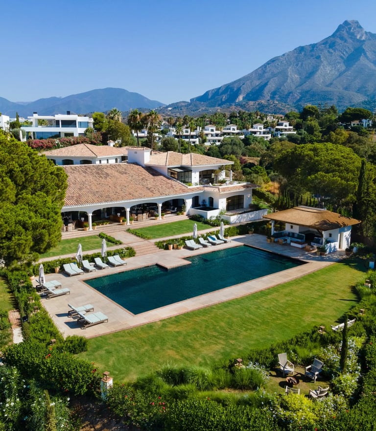 Aerial view of Villa La Gratitud with La Concha backdrop
