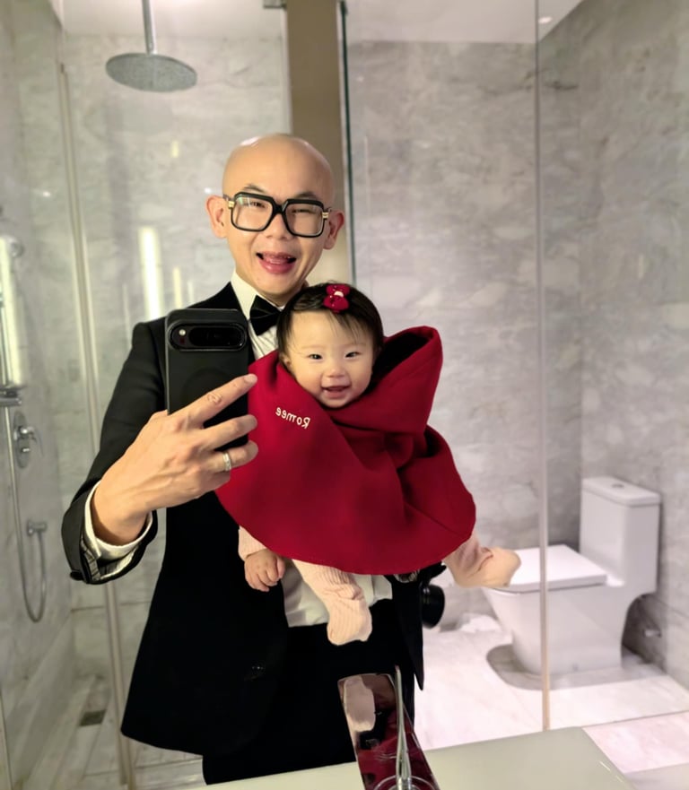 a man in a suit and tie is taking a selfie with his baby