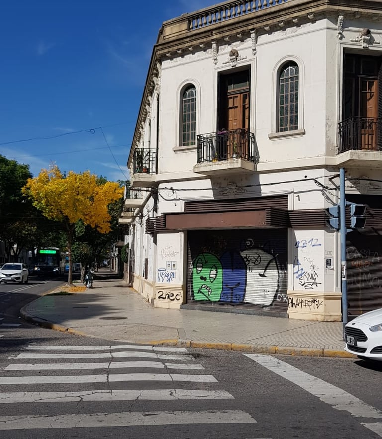 Front of the Spanish school in Rosario with graffiti and a tree with yellow leaves