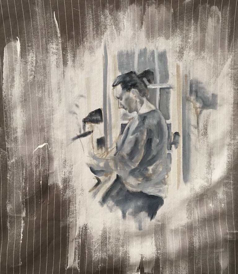 Painting of a woman washing up in a kitchen. Painted onto striped tea towel