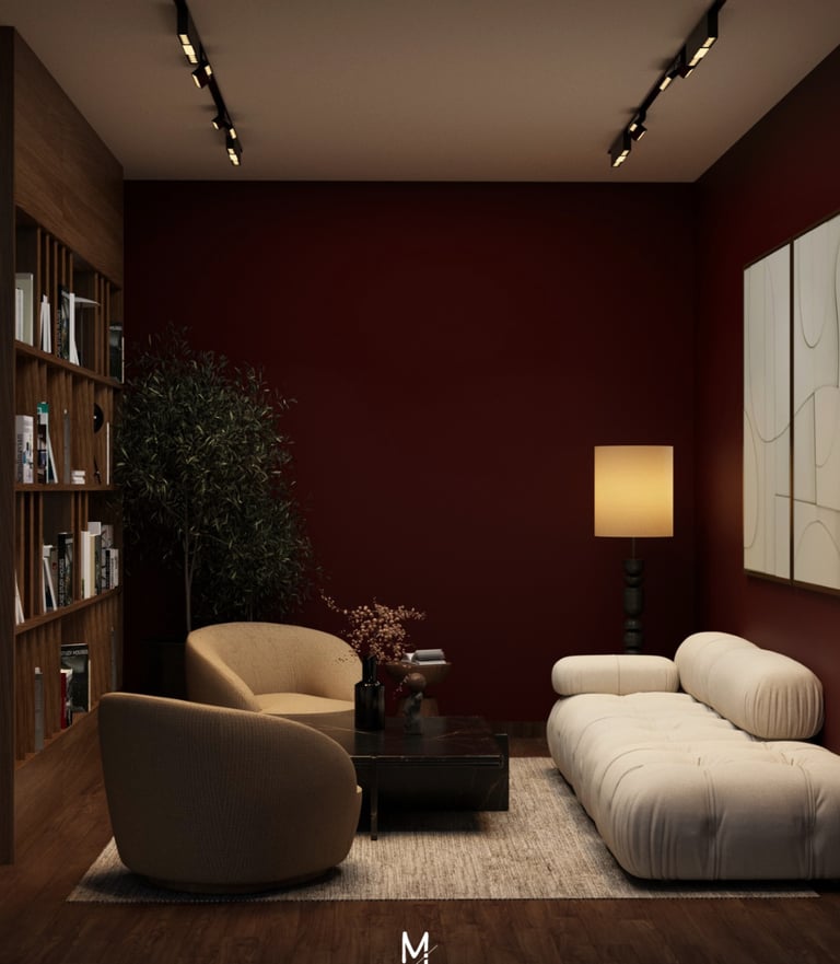 Dark toned living room creating a more enclosed and intimate spatial feel