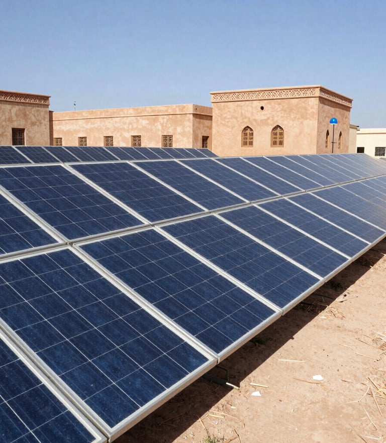 Solar panel installation on a sunny rooftop in Morocco with a technician adjusting the equipment.