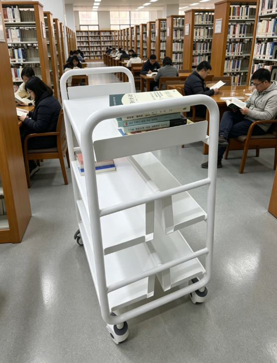 White metal book trolley in a public library with students studying at tables.