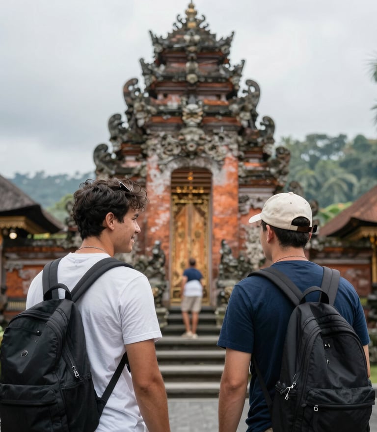 A smiling local driver welcoming guests beside a comfortable car in lush Ubud surroundings.