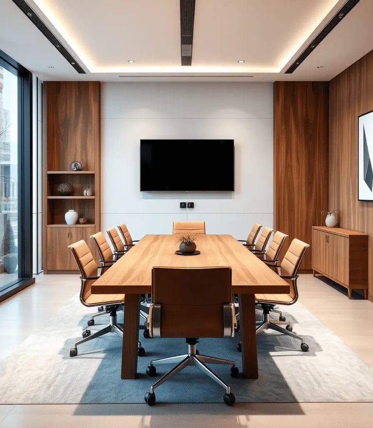 Sala de reunião com mesa tv e cadeiras de couro marrom