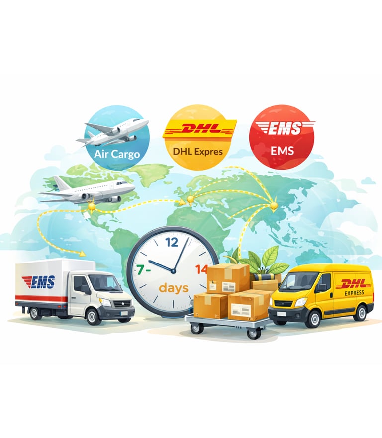 Illustration of worldwide Hoya plant shipping showing countries, DHL, EMS, air cargo, and delivery t