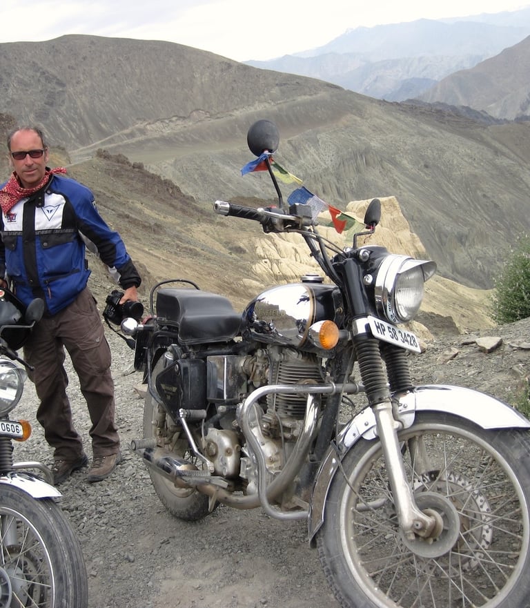 Diego Escriva de Romani leading a motorcycle tour high in the Himalayas