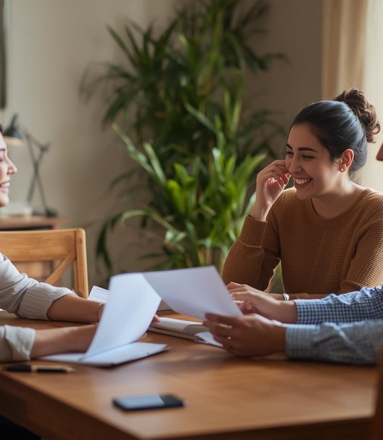 A young couple reviewing documents at a dining table with a Notary