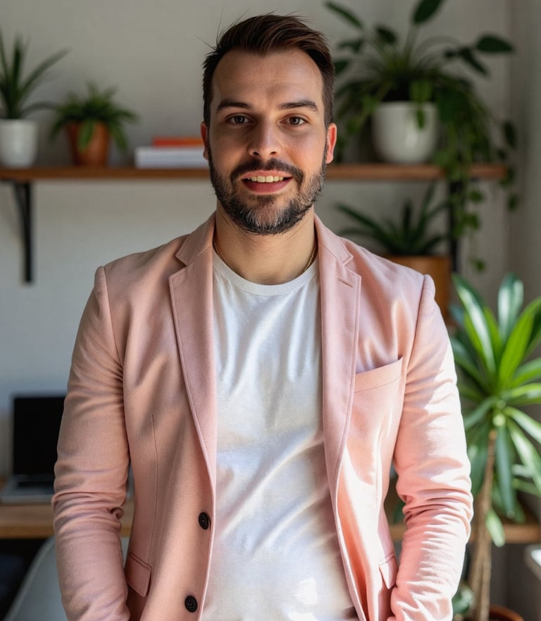 A photo of Nick in an office wearing a pink jacket and white tshirt