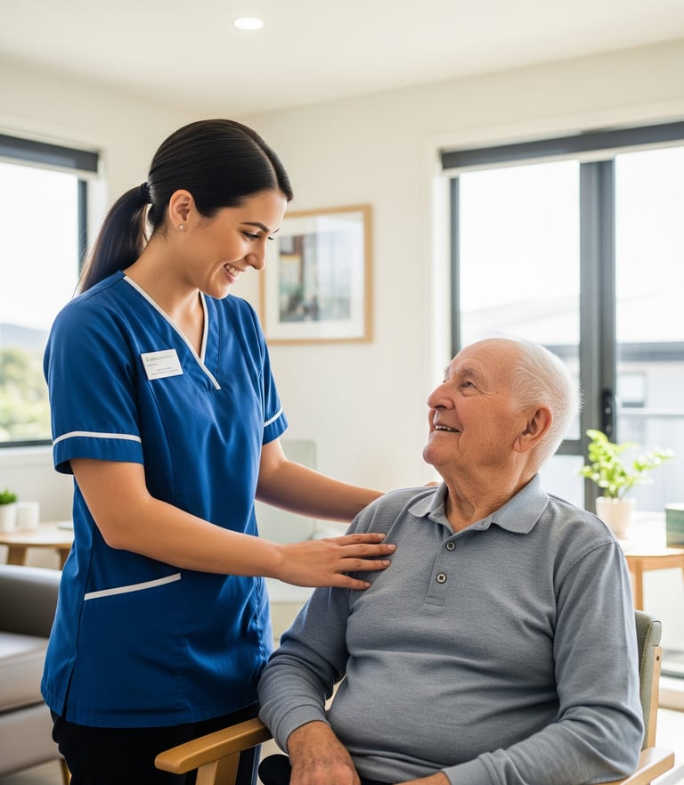 老人介護施設で看護師が利用者に寄り添っている