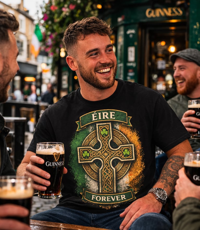 Smiling man in an Eire Forever Irish Celtic cross t-shirt drinking Guinness at an outdoor pub.