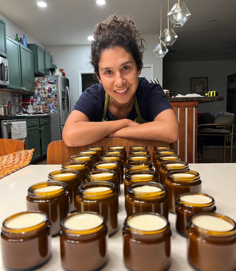Handcrafted whipped tallow cream in amber glass jars by Vacaluna, natural grass-fed skincare made in small batches.