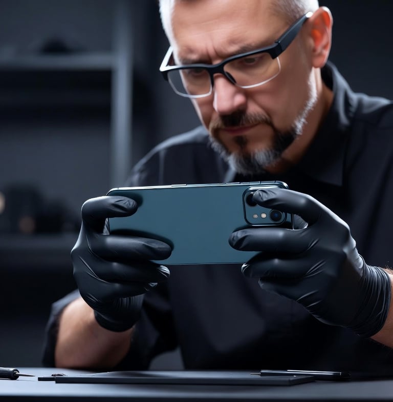 Especialista en análisis forense digital examinando un dispositivo móvil