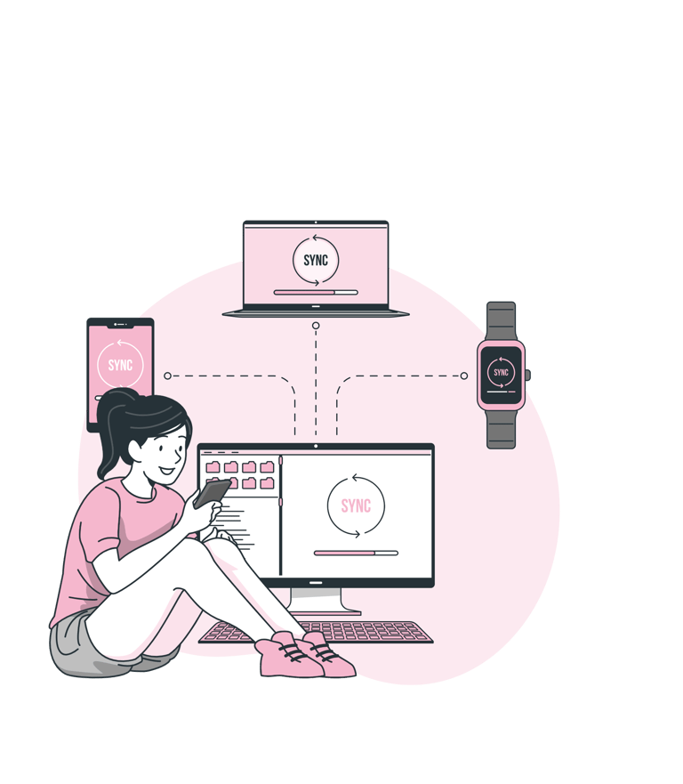 a girl learning how to use her wireless phone, watch, laptop, computer and how to link them together