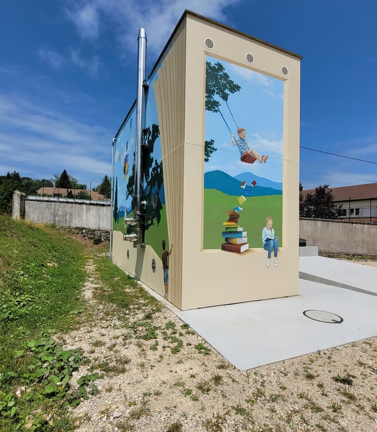 Fresques peintes sur façades. Des pages de livre, des enfants, un paysage simplifié.