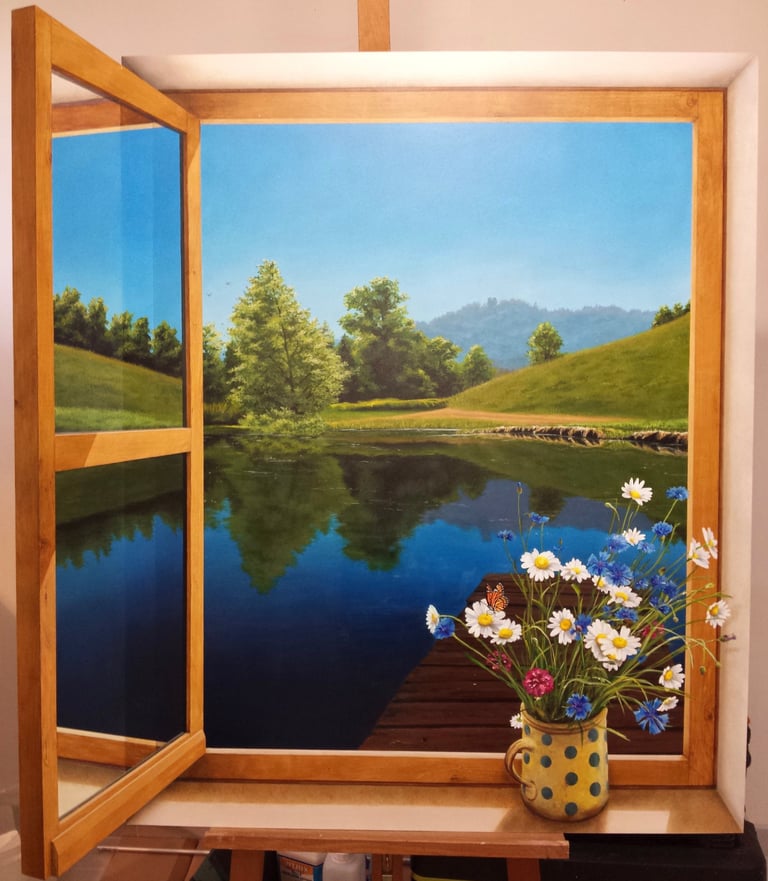 Fenêtre ouverte peinte en trompe-l'oeil, un paysage, un étang et un bouquet de fleurs des champs.