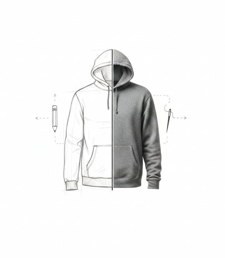 Split-screen image showing a hoodie as a technical sketch and a finished garment.