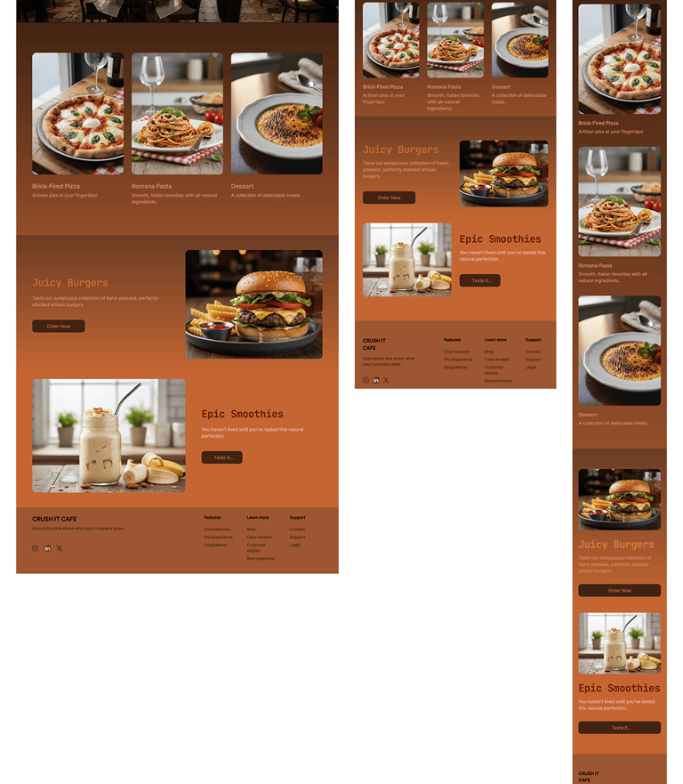 Modern restaurant website design for Crush It Cafe featuring menu items like gourmet burgers, pizza, and smoothies.
