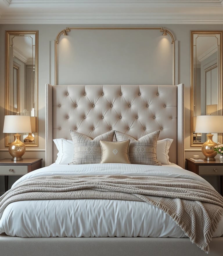 A stylish small bedroom featuring an elegant upholstered tufted headboard in a soft neutral tone