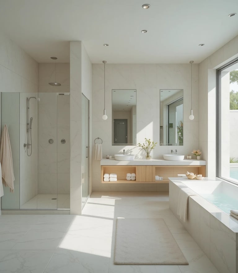A sleek and minimalist pool house bathroom with a calming atmosphere