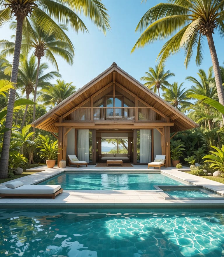 A serene tropical pool house nestled among swaying palm trees