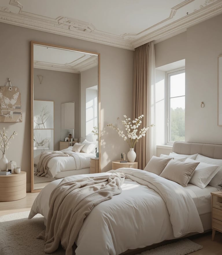 A chic small bedroom featuring a large mirror placed opposite a window to reflect natural light. Neu