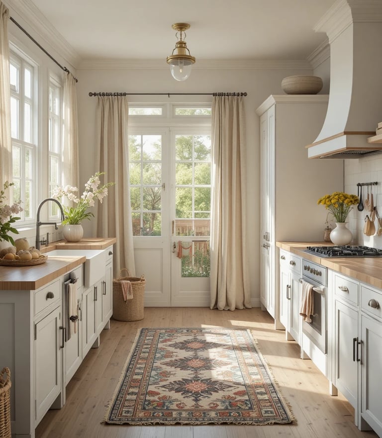 A warm and inviting farmhouse kitchen styled with cozy textiles, including a vintage patterned runne